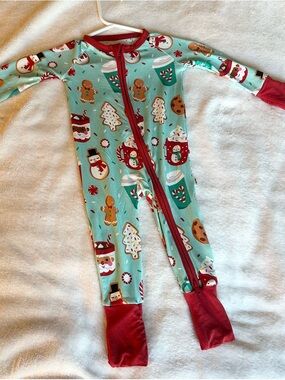 Holiday Gingerbread Print Kids One-Piece Pajama - Mint with Red Trim
